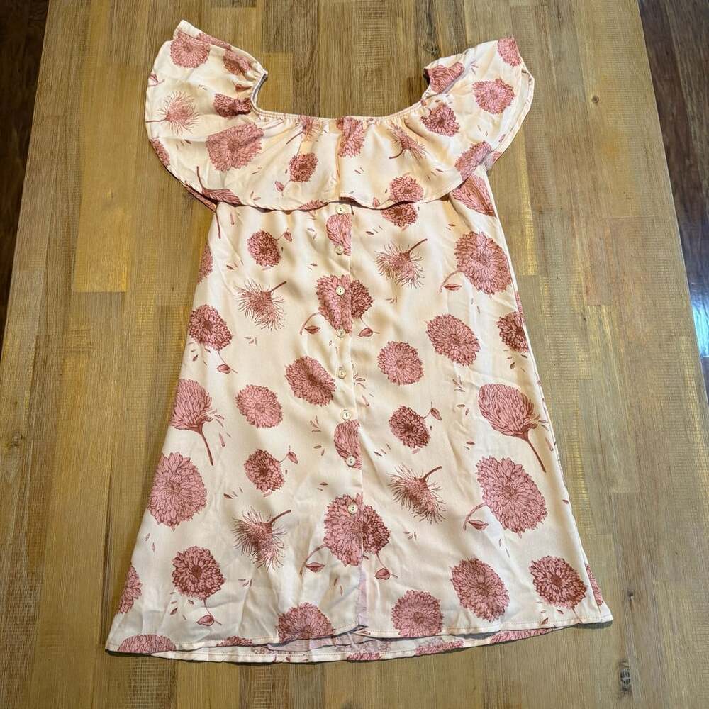 Sage The Label Ivory Pink Floral Dandelion Button-Front Ruffle Off-Shoulder Mini